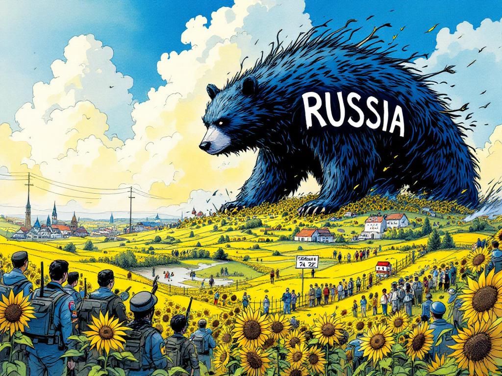 Russia the bear creature invading peaceful Ukrainian sunflower country, February 2022