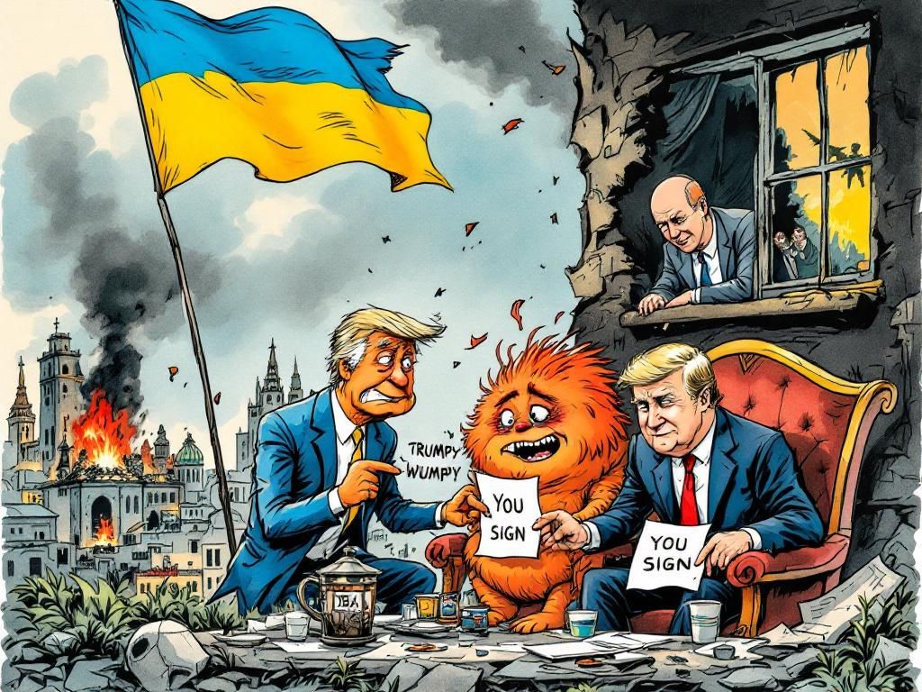 Trumpy-Wumpy brokering a deal between Pootin and a weeping Zelenskyy-Sky while NATO watches